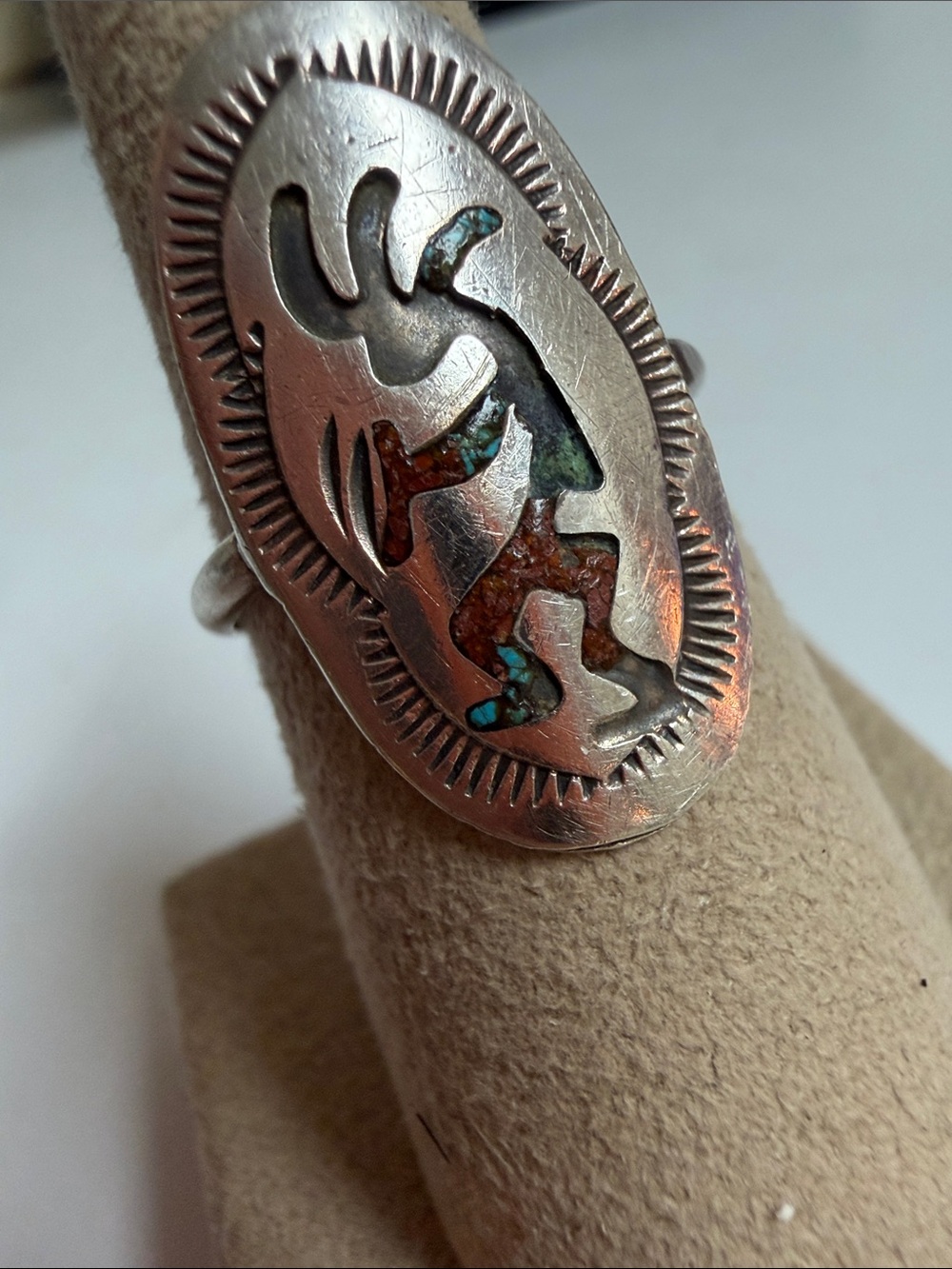 Size 5 Silver 925 silver Native American Kokopelli Ring Turquoise Coral Inlay - Picture 3 of 3